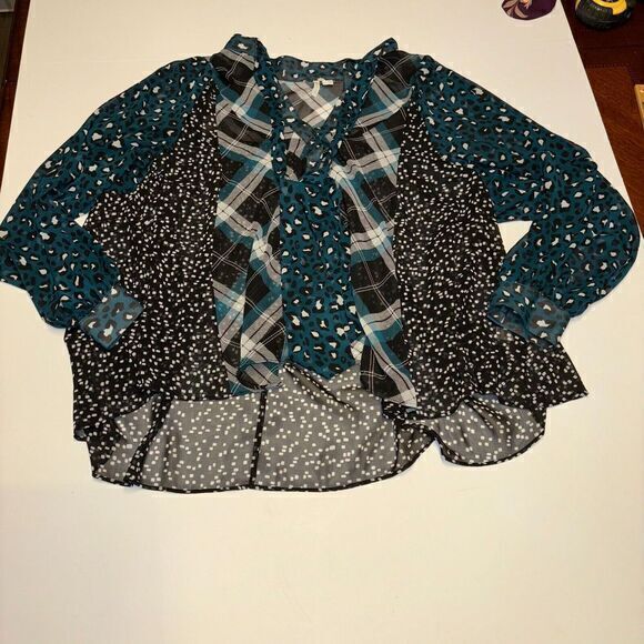 Cato Womens XL Long Sleeve Button Up Shirt Semi Sheer Top Blouse Cheetah & Plaid - Picture 1 of 7